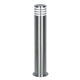 Introducing the Sandbanks 1 Light Bollard in Silver, a stylish outdoor lighting solution featuring a sleek cylindrical design and rounded top, accented by horizontal slats around the light source. Its robust base ensures secure installation, while its IP44 rating promises dependable performance in all weather conditions.