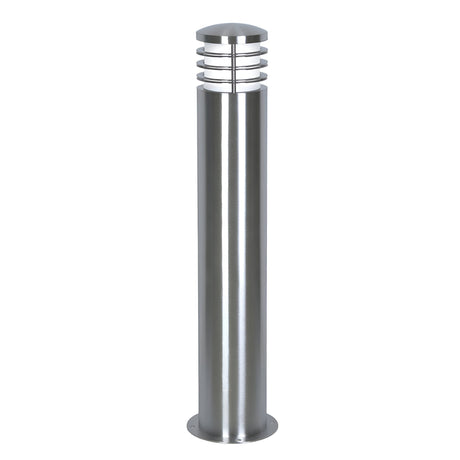 Introducing the Sandbanks 1 Light Bollard in Silver, a stylish outdoor lighting solution featuring a sleek cylindrical design and rounded top, accented by horizontal slats around the light source. Its robust base ensures secure installation, while its IP44 rating promises dependable performance in all weather conditions.