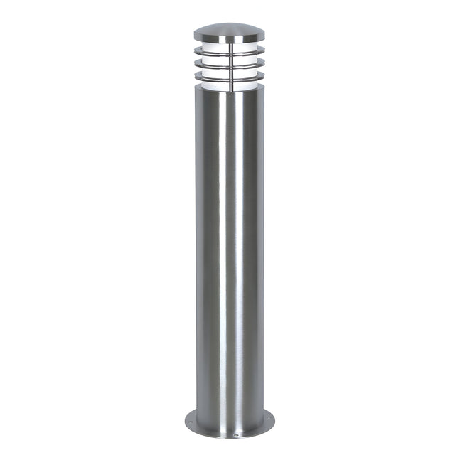 Introducing the Sandbanks 1 Light Bollard in Silver, a stylish outdoor lighting solution featuring a sleek cylindrical design and rounded top, accented by horizontal slats around the light source. Its robust base ensures secure installation, while its IP44 rating promises dependable performance in all weather conditions.