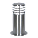 The Sandbanks 1 Light Mini Bollard - Silver offers a sleek outdoor lighting solution with its marine grade stainless steel cylindrical design. Its dome-shaped top with horizontal slats encircling a white diffuser makes it an ideal choice for enhancing any landscape.