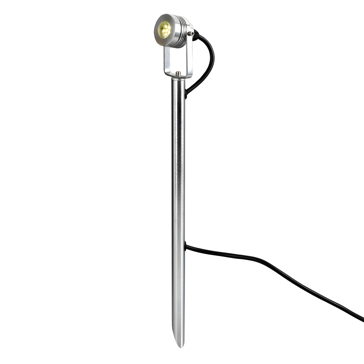 The Spennymoor 1 x 12V Spotlight and Pole with 1m Cable in Silver is an ideal choice for enhancing your garden lighting. Featuring a slim, elongated stake and an adjustable hinge-mounted top, it connects to a black cable for safe and stylish low voltage lighting in your outdoor space.