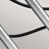 Close-up of a metallic structure showcasing the Spennymoor Kit's design, characterized by two parallel silver rods and a black curved cable intersecting between them. This sleek arrangement, reminiscent of 12V spotlights, is set against a neutral gray background, capturing the sophisticated aesthetics of an outdoor lighting ensemble.