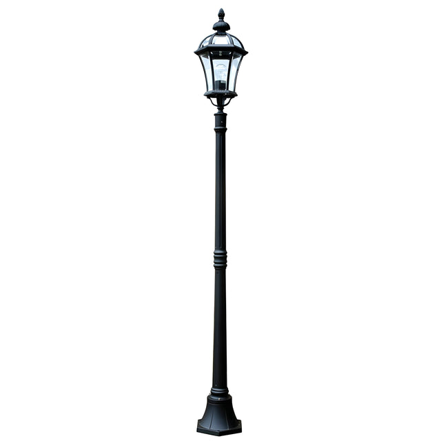 The Ledbury 1 Light Lamp Post - Black, featuring a tall vintage-style design with a heritage lantern-shaped light housing and decorative finials on top, is meticulously crafted from cast aluminium and stands against a plain white background.