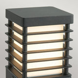 Introducing the Halmstad 1 Light Medium Bollard in Black: a modern lighting fixture ideal for outdoor spaces. This rectangular-shaped piece features horizontal slats surrounding a frosted diffuser, creating a soft, warm glow. Its contemporary design highlights a sleek, dark metal finish against a neutral backdrop.