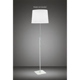 The Habana Telescopic 1 Light Floor Lamp - White & Chrome (Without Shade) features a slim chrome stand and white rectangular base. Adjustable height. Shown with a white shade, not included, against a plain gradient gray background.