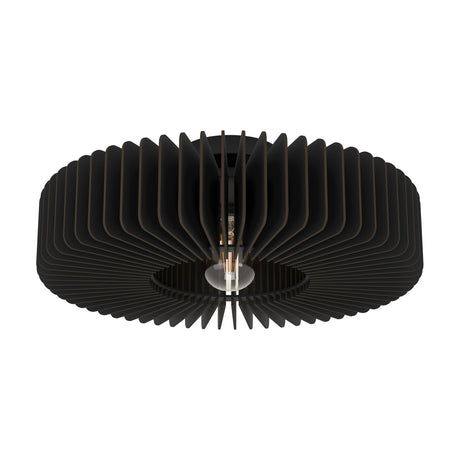 Halbanne Ceiling Light in black, a round fixture with slim wooden slats fanned around a single exposed E27 bulb, mounted close to the ceiling on a black steel stem against a plain white background.
