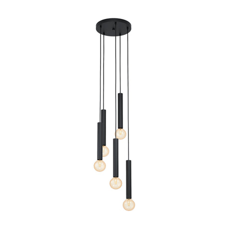Halmarne 5 Light Pendant in black steel, with five slim cylindrical shades at staggered heights from a round ceiling plate, shown on a plain white background.