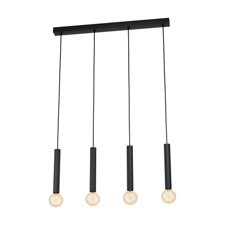 Halmarne Linear Pendant Light in black steel, featuring a long ceiling bar with four slim cylindrical drops on fine cords, each fitted with an E27 bulb, shown on a plain white background.