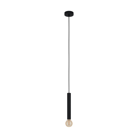 Halmarne Pendant Light in black steel, a slim cylindrical shade on a fine black cord from a round ceiling rose, with an exposed E27 bulb beneath, shown on a plain white background.