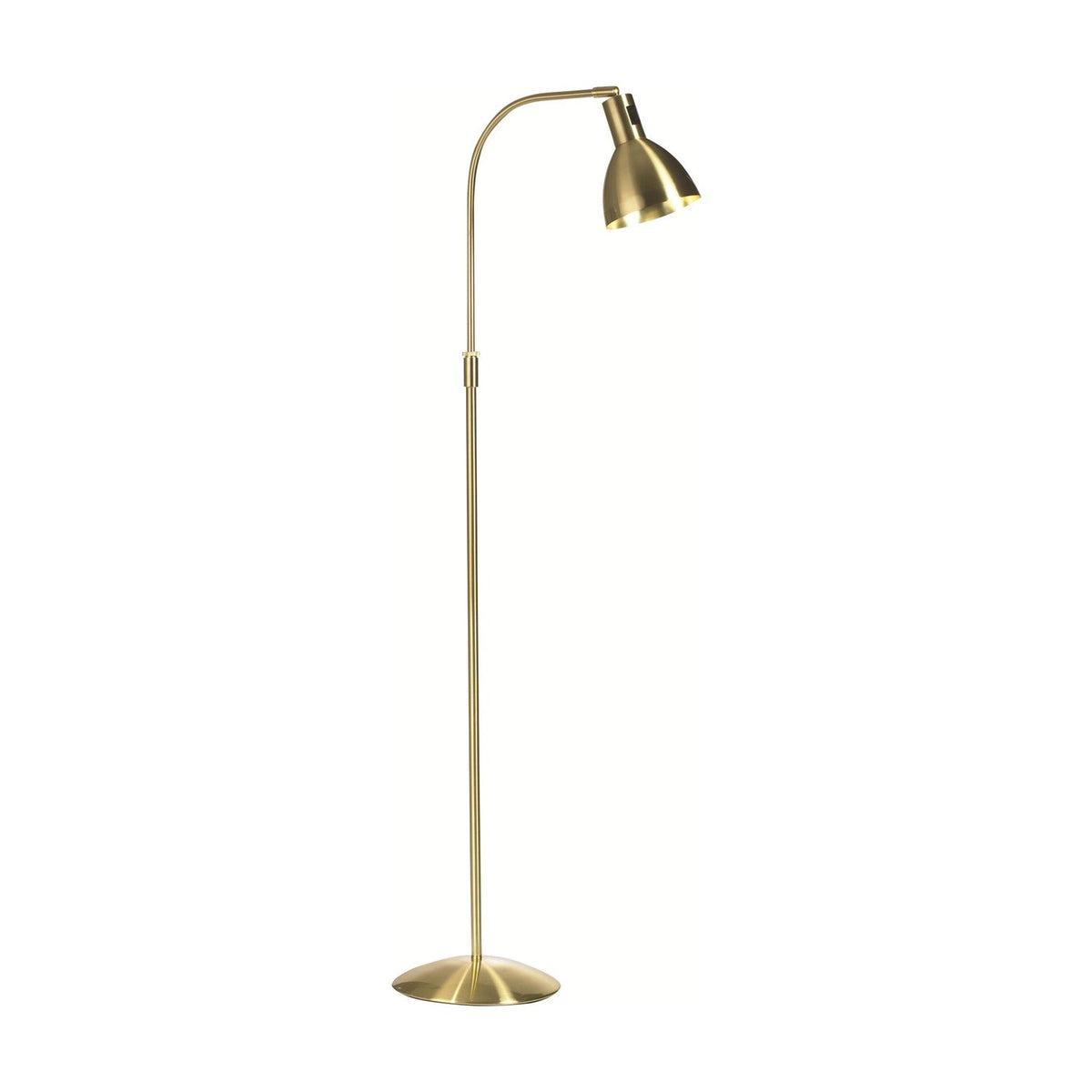 Angora Floor Lamp in brass with a slim adjustable stem, curved gooseneck arm, small bell-shaped shade, and round domed base on a plain white background.