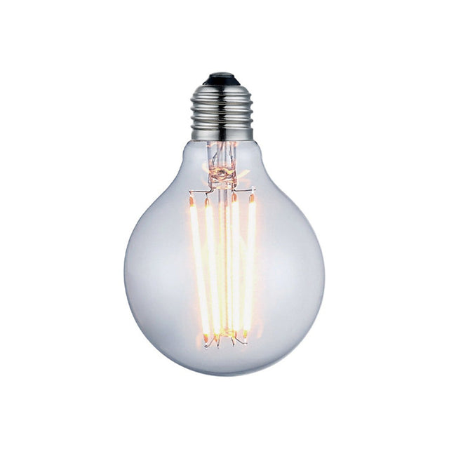 Colors LED Mini Globe Extra-De-Luxe E27 2W bulb with clear round glass and four long upright LED filaments lit warmly, shown on a plain white background.