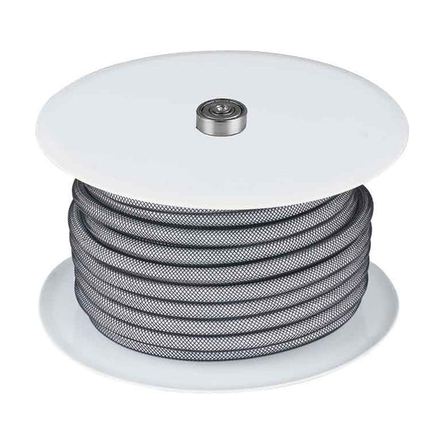 Nylon Cable Roll 25m in black, shown as a reel of round flex with black-and-white braided nylon sheathing wound between plain white end discs and a central steel boss, on a white background.