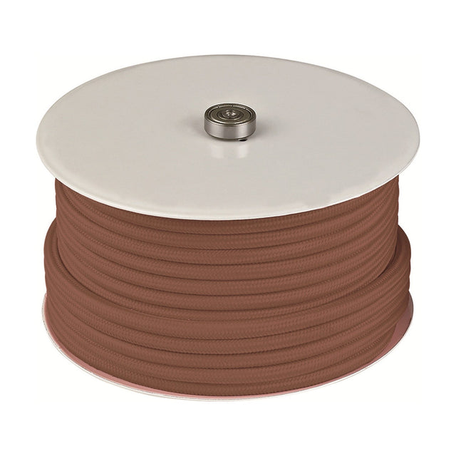 Textile Cable Roll 25m in natural, showing a fabric-covered flex wound in even coils on a reel with white end discs and a central steel boss, on a plain white background.