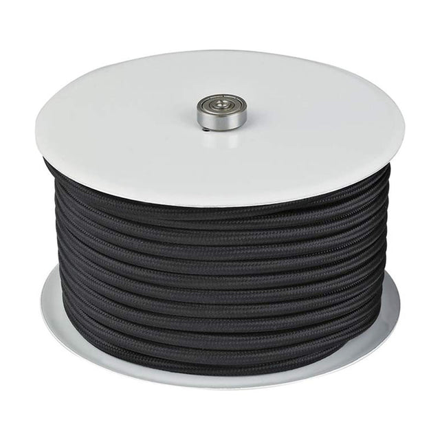 Textile Cable Roll 25m in black, a reel of woven fabric flex wound in even coils between white end discs with a central steel boss, shown on a plain white background.