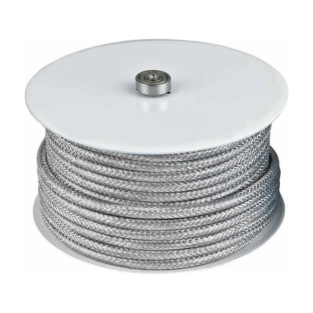Textile Cable Roll 25m in silver-grey, showing woven herringbone flex wound in even coils on a white spool with a central steel boss, on a plain white background.