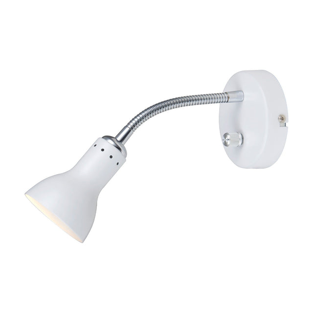 Mikado Wall Light in white with a small cone shade on a flexible chrome arm, round wall plate and chrome switch knob, shown on a plain white background.