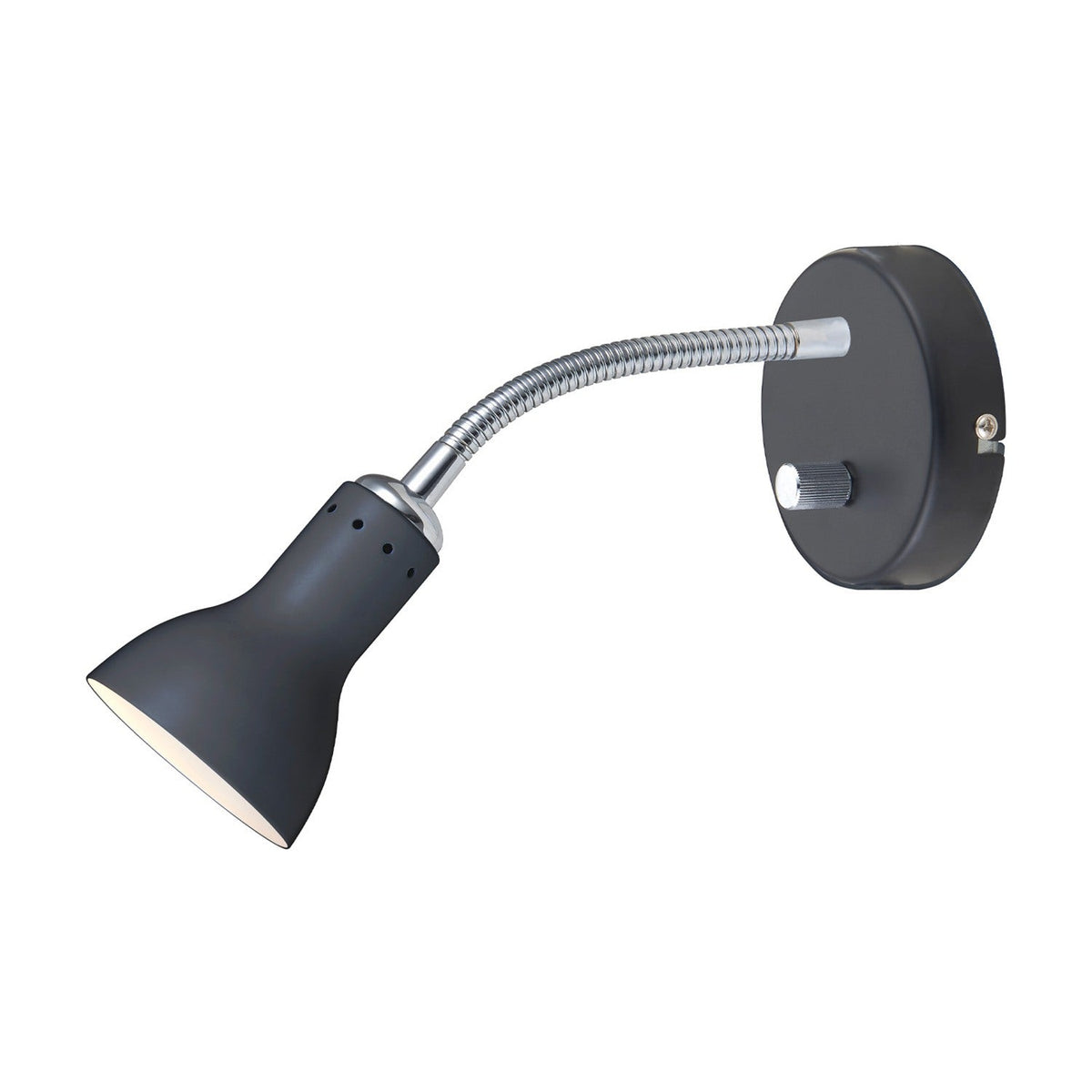 Mikado Wall Light in black, featuring a cone-shaped shade on a flexible chrome arm, round black wall plate with switch knob, shown on a plain white background.