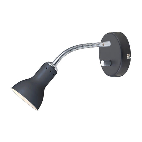 Mikado Wall Light in black, featuring a cone-shaped shade on a flexible chrome arm, round black wall plate with switch knob, shown on a plain white background.