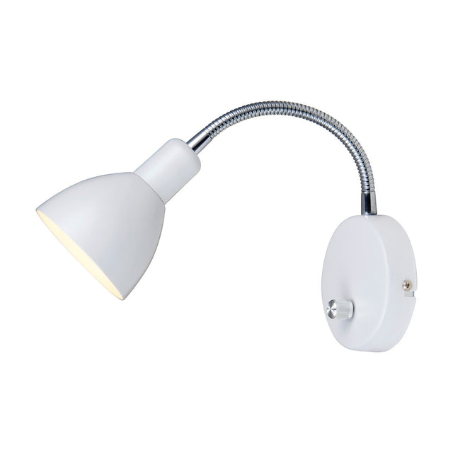 Denver Wall Light in white with a cone shade on a flexible chrome arm, round wall plate with chrome switch knob, shown on a plain white background.