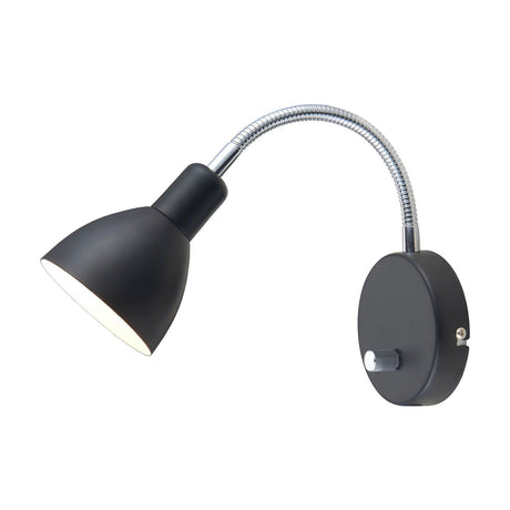 Denver Wall Light in black with a cone shade on a flexible chrome arm, round wall plate with chrome switch knob, shown on a plain white background.
