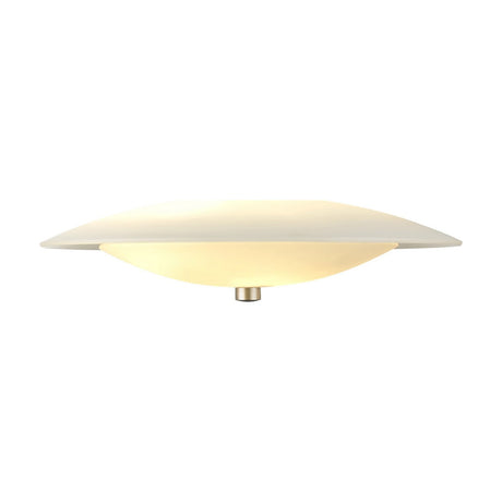 Baroni Aluminium Pendant Light 40cm in Opal, a shallow white disc shade with a glowing opal glass bowl beneath and a brushed metal finial, shown on a plain white background.