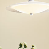 Baroni Aluminium Pendant Light 40cm in Opal, a wide shallow white metal disc over a glowing opal glass bowl with a brushed metal finial, shown against a plain light background.