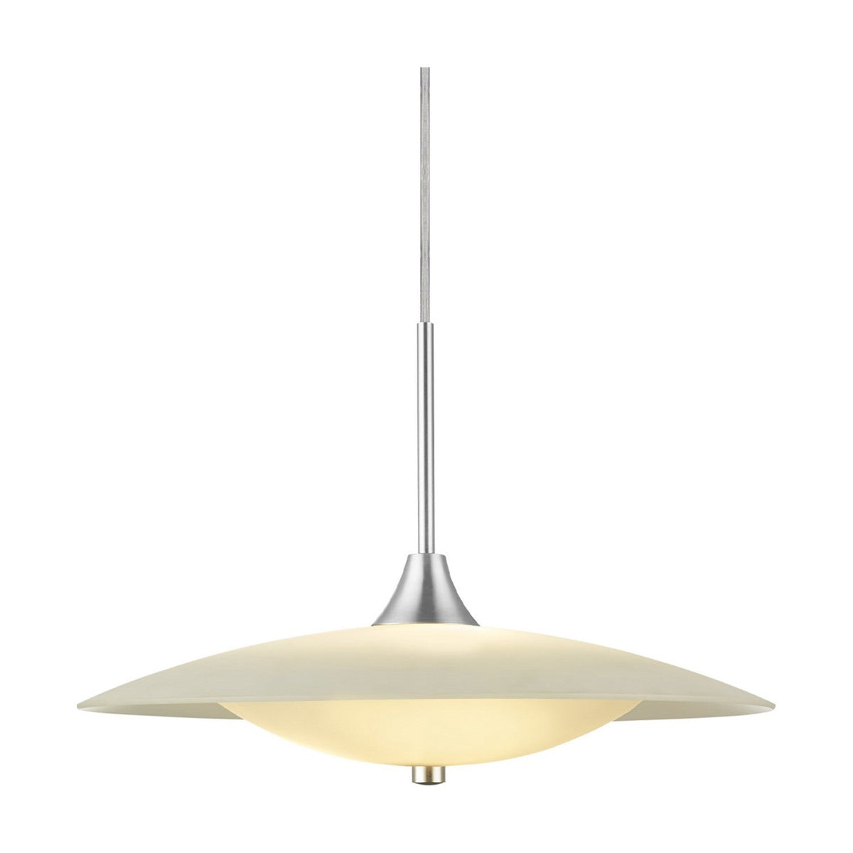 Baroni Aluminium Pendant Light 46cm in Opal, a shallow flared metal dish over a glowing opal glass bowl with brushed steel finial, on a slim rod against a plain white background.