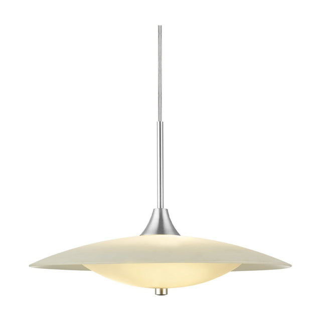 Baroni Aluminium Pendant Light 46cm in Opal, a shallow flared metal dish over a glowing opal glass bowl with brushed steel finial, on a slim rod against a plain white background.