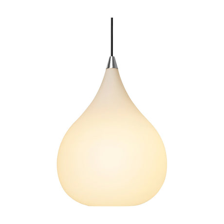 Drops Glass Pendant Light 30cm in opal white, teardrop-shaped glass shade with a polished steel neck fitting and black flex, shown lit against a plain white background.