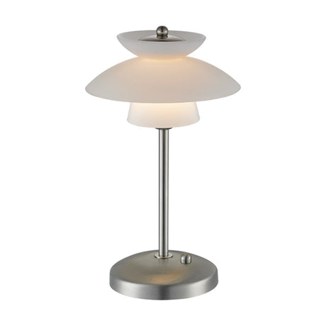 Dallas Glass Table Lamp 18cm in opal white, three tiered glass plates glowing on a brushed steel stem with round finial and disc base, shown on a plain white background.