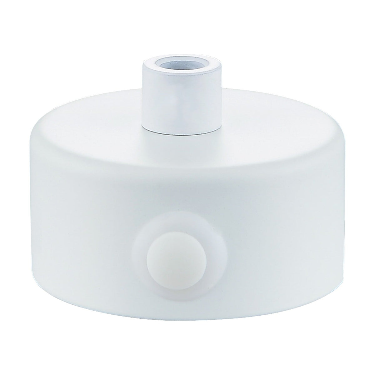 Mini Exit Ceiling Canopy in matt white, a shallow cylindrical cover with a central raised boss for flex and a smooth round side plate, shown on a plain background.