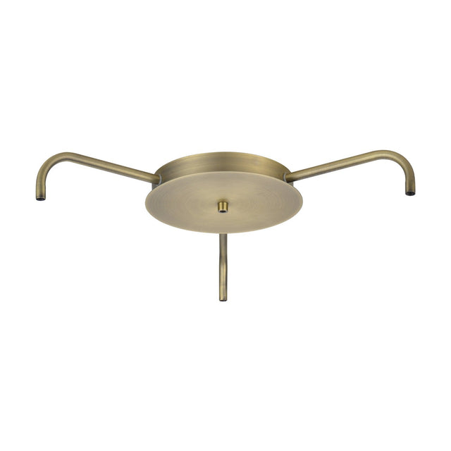 4 Light Ceiling Canopy in antique brass, round plate with slim curved arms ending in open outlets and a central drop stub, plain white background.