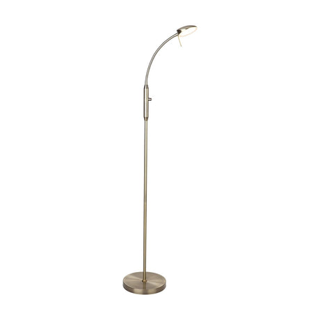 Vegas LED 7W Dimmable Floor Lamp in antique brass, slim column on a round disc base, curving into a swan neck with an open oval head, on a plain white background.