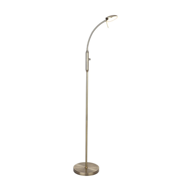 Vegas LED 7W Dimmable Floor Lamp in antique brass, slim column on a round disc base, curving into a swan neck with an open oval head, on a plain white background.