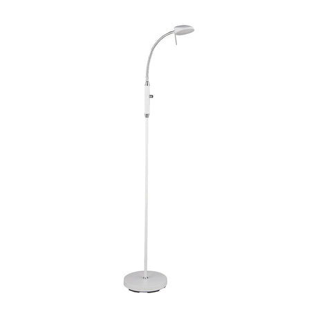 Vegas LED Floor Lamp in white, featuring a slim column on a round base with a chrome flexible gooseneck and small flat head, shown against a plain white background.