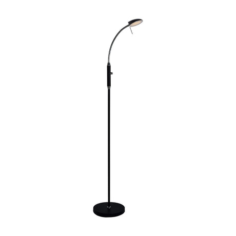 Vegas LED Floor Lamp 7W in black, featuring a slim column on a round base, chrome flexible gooseneck, and a shallow round head, shown on a plain white background.