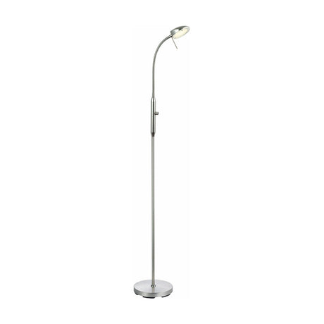 Vegas LED Floor Lamp 7W in brushed steel, featuring a slim column on a round base, adjustable gooseneck with a small round head and mid-column slide switch, shown on a plain white background.