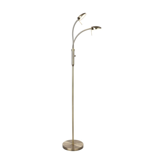 Vegas LED 2 light floor lamp in antique brass, slim stem on round disc base with two gooseneck arms and oval heads, on a plain white background.