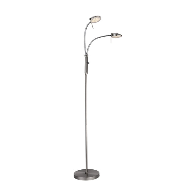 Vegas LED 2 Light Floor Lamp in brushed steel, with a slim column on a round base splitting into two flexible gooseneck arms with round flat heads, shown on a plain white background.
