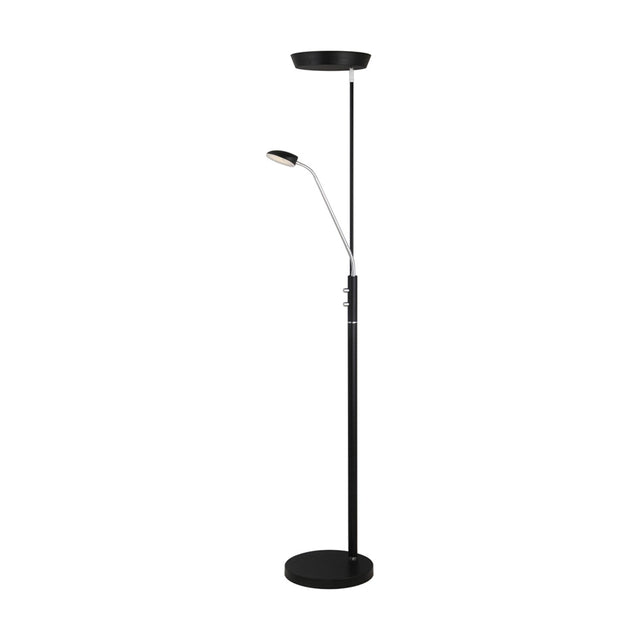 Vegas LED Combi Floor Lamp in black, with a round base, slim column, adjustable chrome-armed reading head, and an uplighter dish on top, shown against a white background.
