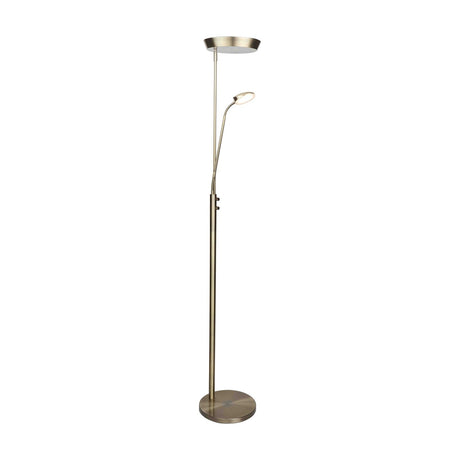 Vegas LED Combi upLight Dimmable Floor Lamp in antique brass, with a round base, slim column, upward-facing dish shade, and adjustable reading arm, on a plain white background.