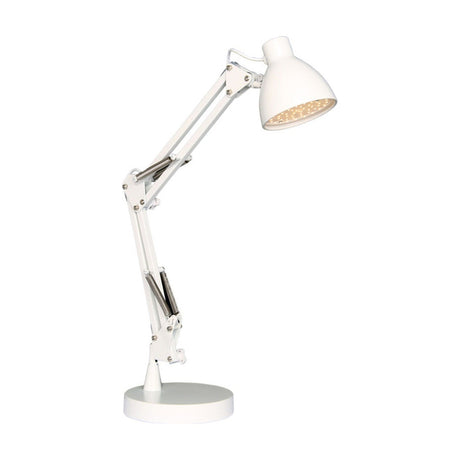Bronx LED Table Lamp in white, an adjustable articulated desk lamp with sprung parallel arms, pivot joints, and a cone-shaped head with integrated LEDs, shown on a plain white background.
