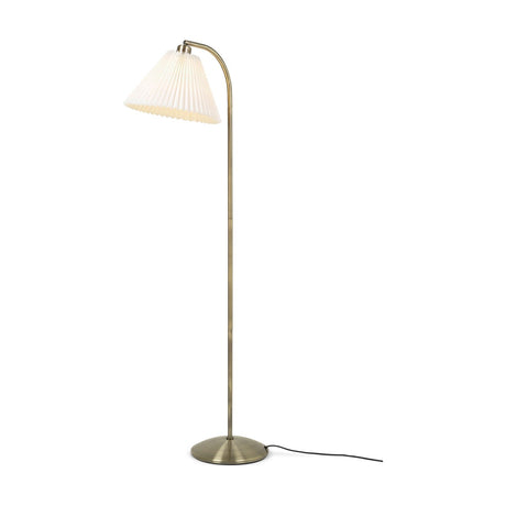 Medina Floor Lamp in antique brass with a curved slim stem and wide white pleated conical shade, shown on a plain white background.