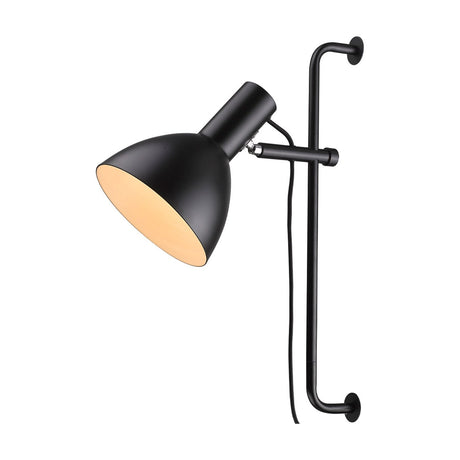Baltimore Wall Light in matte black with a cone-shaped shade, cream inner lining, and an adjustable jointed arm mounted on a vertical wall rail, shown on a plain white background.
