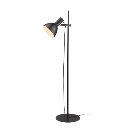 Baltimore Floor Lamp in black, tall slim rail on round disc base, adjustable cone shade with cream interior, on a plain white background.