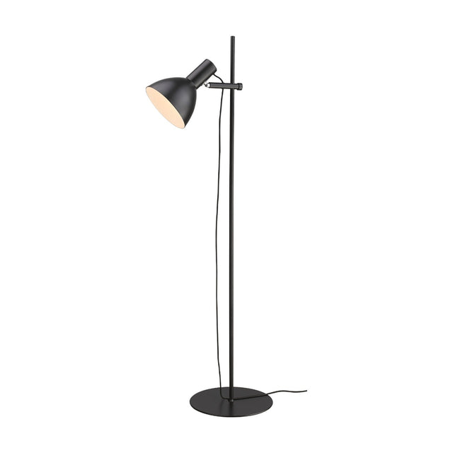 Baltimore Floor Lamp in black, tall slim rail on round disc base, adjustable cone shade with cream interior, on a plain white background.