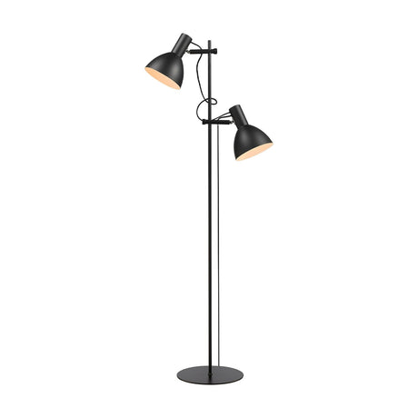 Baltimore 2 Light Floor Lamp in matte black, with a slim rail on a round disc base holding two cone shades at different heights on adjustable knuckles, shown on a white background.