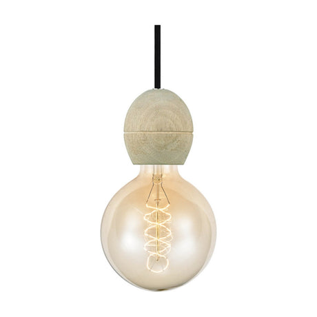 Light Cable Cord Set E27 in light wood, an egg-shaped E27 lampholder with visible grain and black flex cord, shown fitted with a globe bulb on a plain white background.