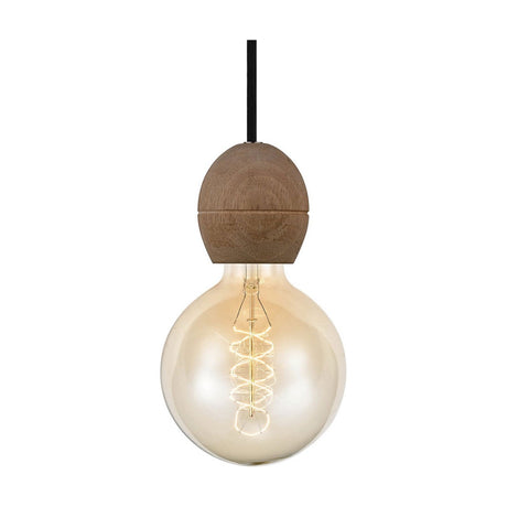 Light Cable Cord Set E27 pendant fitting with an egg-shaped dark wood lampholder on a black flex cord, fitted with an E27 globe bulb, shown on a plain white background.
