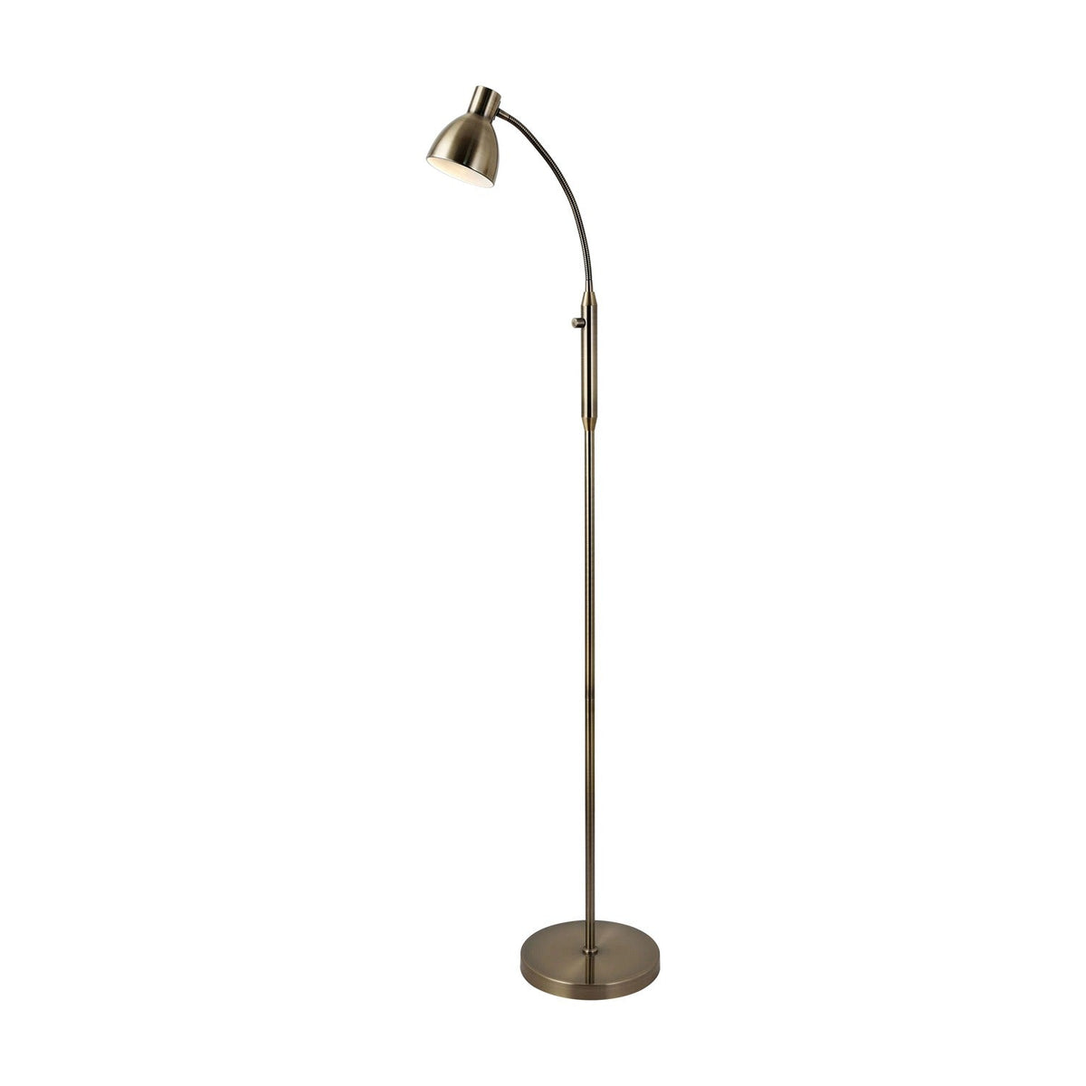 Hudson Floor Lamp in antique brass with a slim curved stem, angled cone-shaped shade, adjustable height joint, and round domed base on a plain white background.